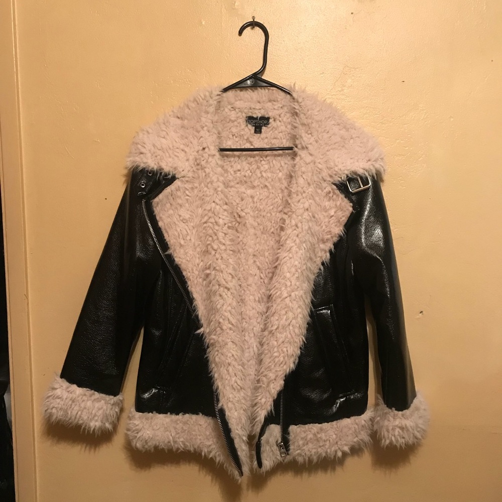 Topshop Faux Fur Lined Vinyl Biker Jacket